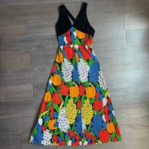 Vtg 70s Cross Back V Neck Floral Tulip Print Retro Formal Maxi Dress Gown XS